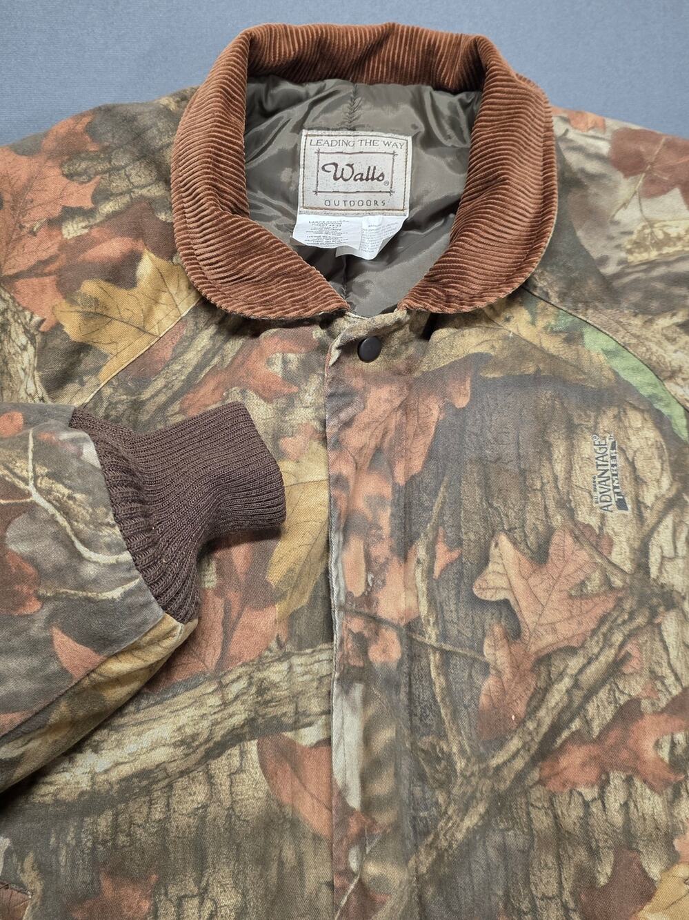 Walls Camo Bomber Jacket Mens Large Corduroy Collar Woodland Hunting Excellent
